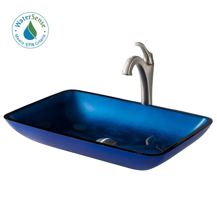 22" Rectangular Blue Glass Bathroom Vessel Sink and Spot Free Arlo Faucet Combo Set with Pop-Up Drain