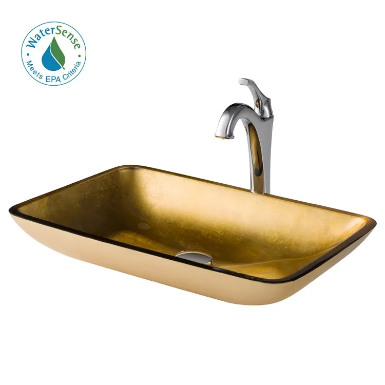 22" Rectangular Gold Glass Bathroom Vessel Sink and Arlo Faucet Combo Set with Pop-Up Drain