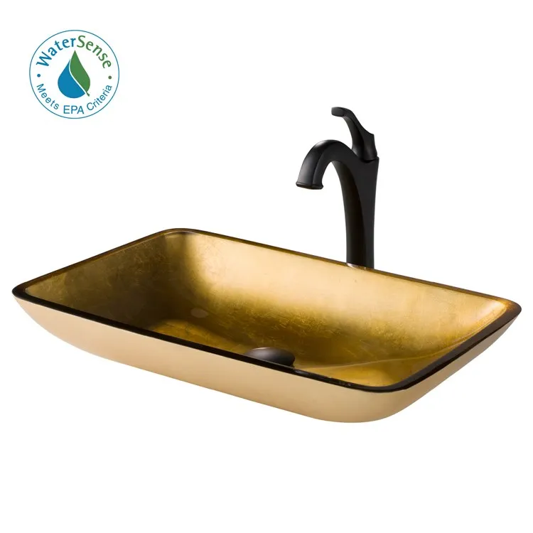 22" Rectangular Gold Glass Bathroom Vessel Sink and Arlo Faucet Combo Set with Pop-Up Drain