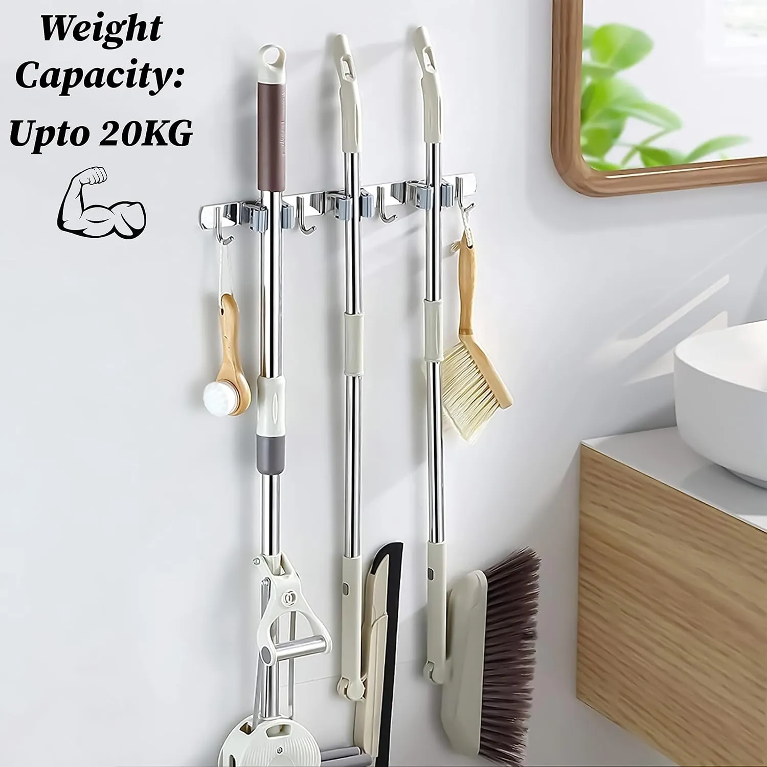 3048 3 broom 4 hook holder Mounted Heavy Duty Stainless Steel Storage Rack Organization Tools, Kitchen Garden Garage Or Bathroom Organization