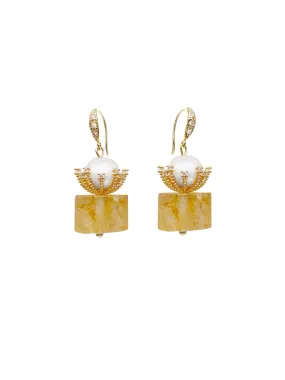 Cylinder Shaped Citrine With Freshwater Pearl Dangle Earrings HE013