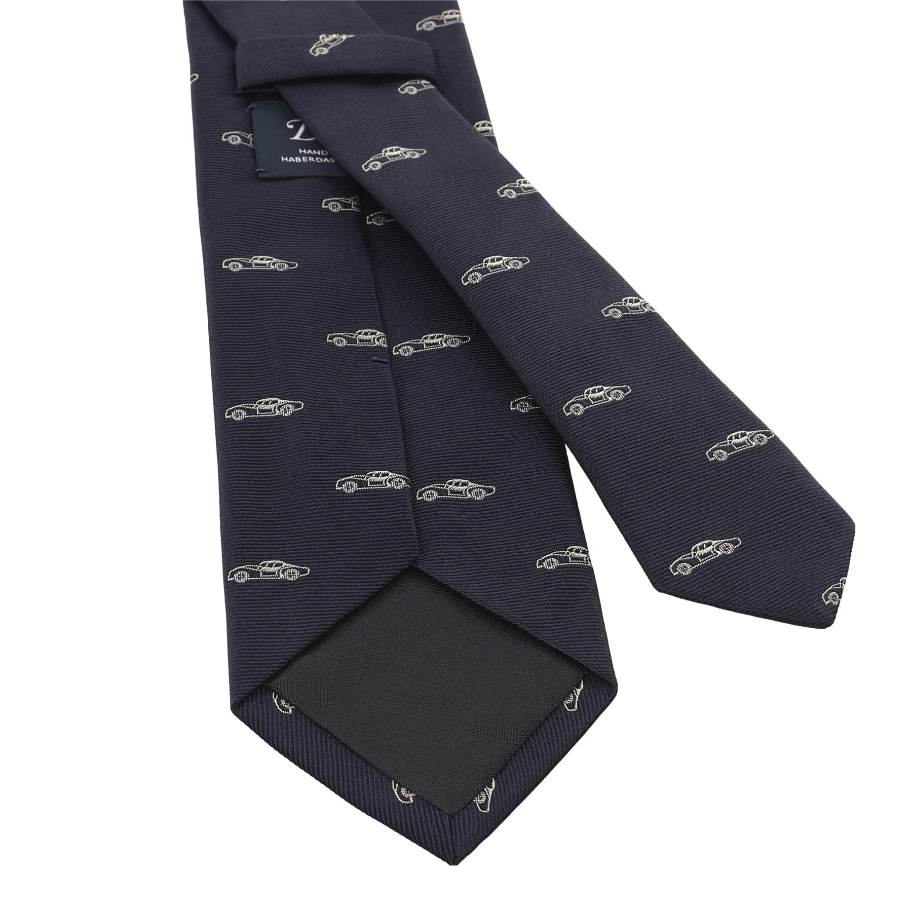 Embroidered Silk Tie in Navy Blue with Car Pattern