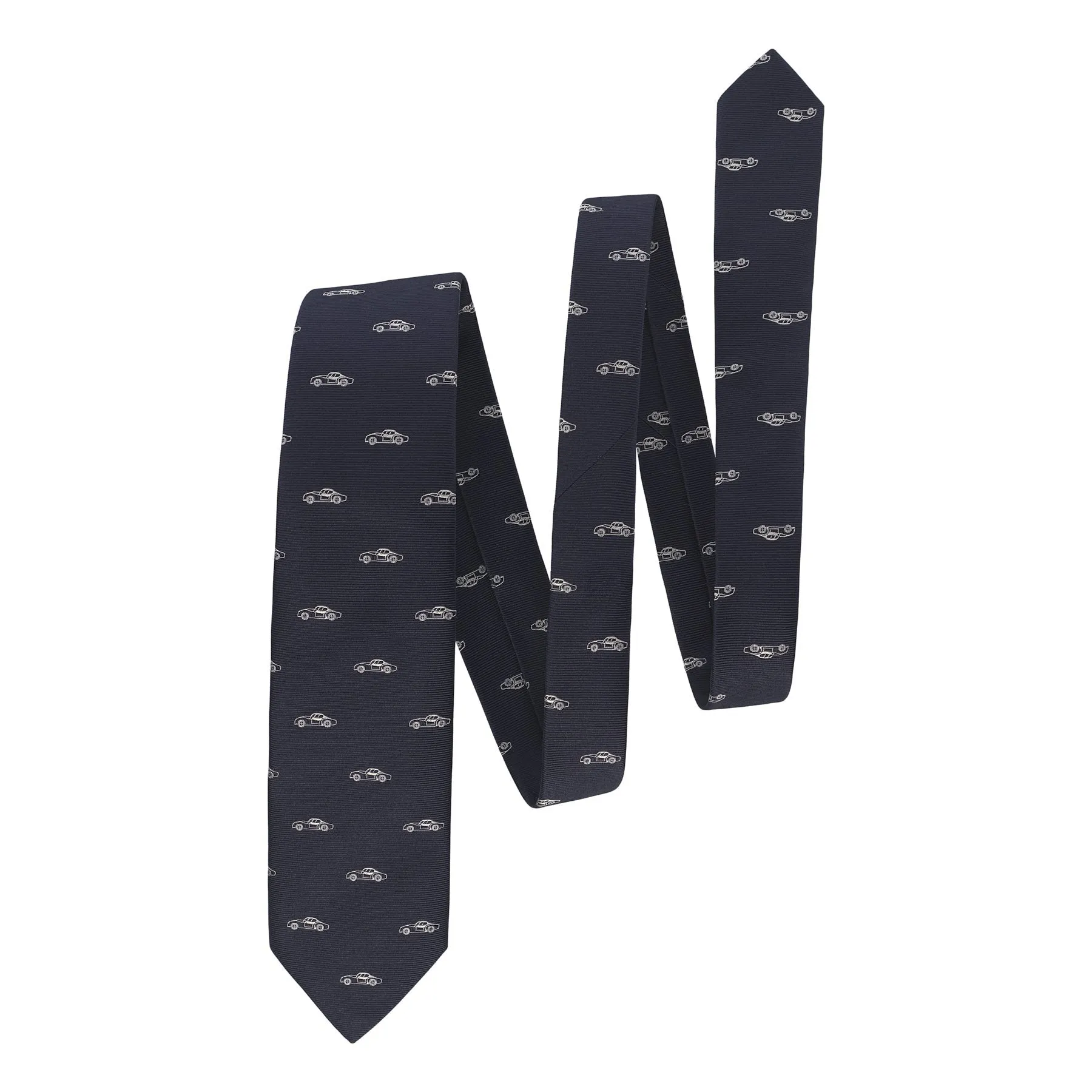 Embroidered Silk Tie in Navy Blue with Car Pattern