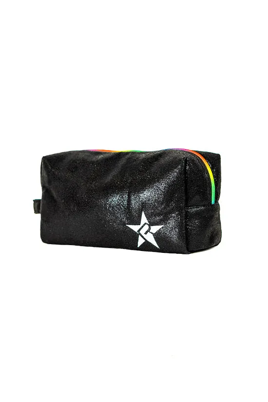 Faux Suede in Black Rebel Makeup Bag with Rainbow Zipper