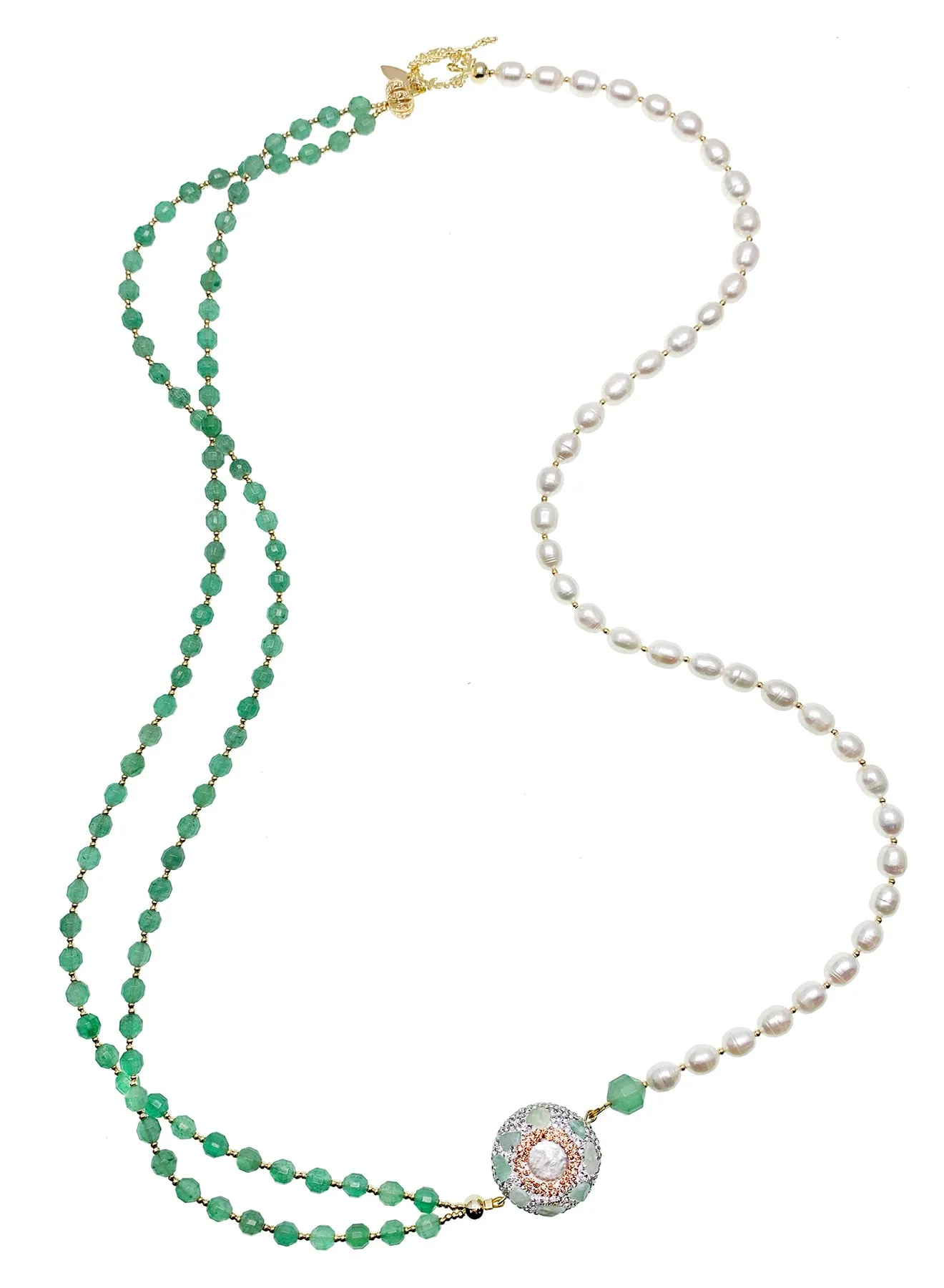 Green Aventurine And Pearls With Rhinestone Long Necklace HN016