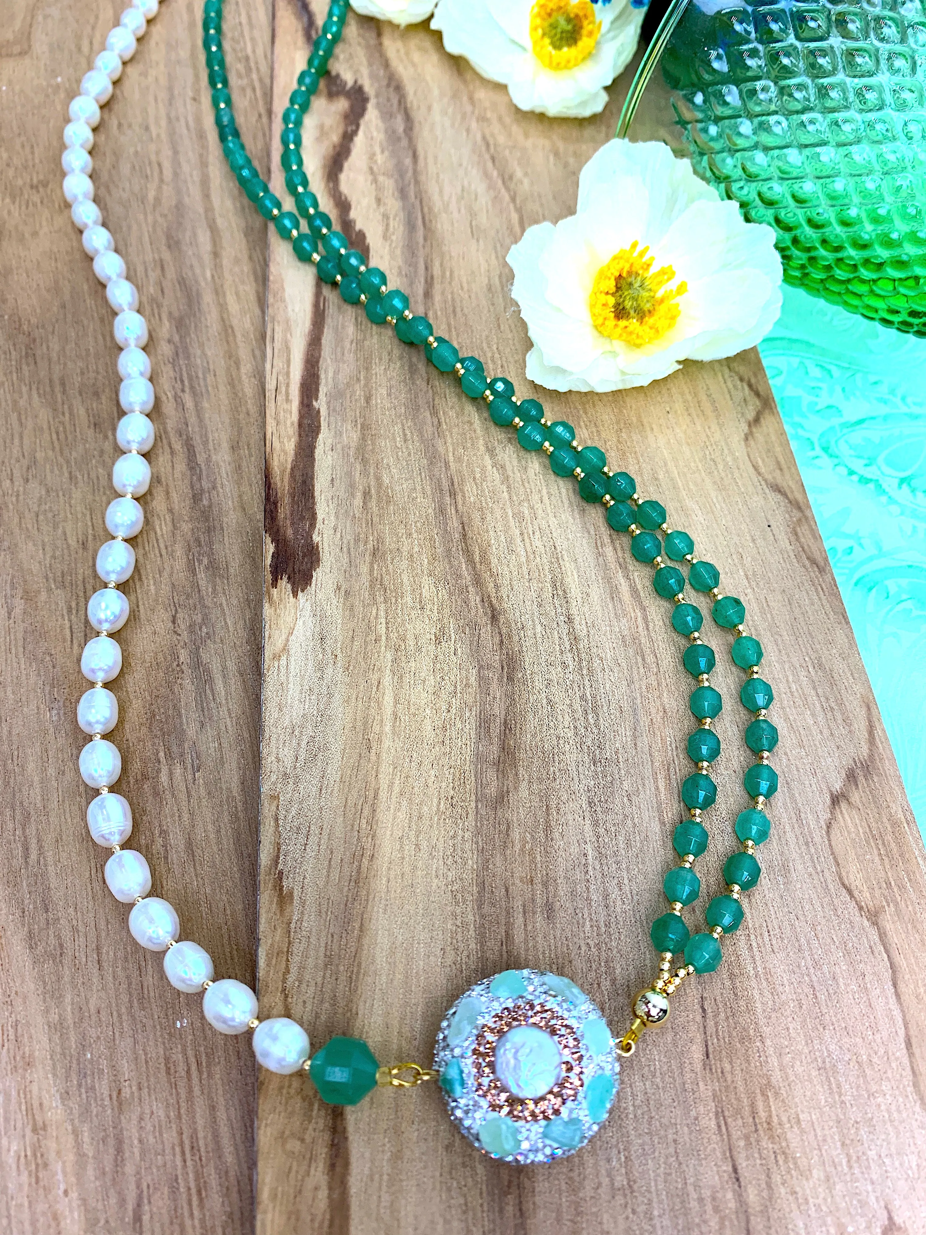 Green Aventurine And Pearls With Rhinestone Long Necklace HN016