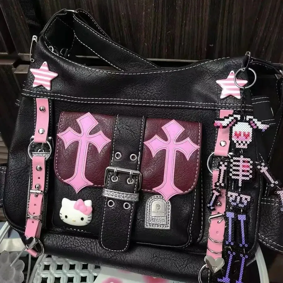 Hello Kitty Gothic Punk Vintage Pink High Capacity Trend Crossbody Bag