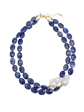 Lapis With Baroque Pearl Double Strands Necklace GN020