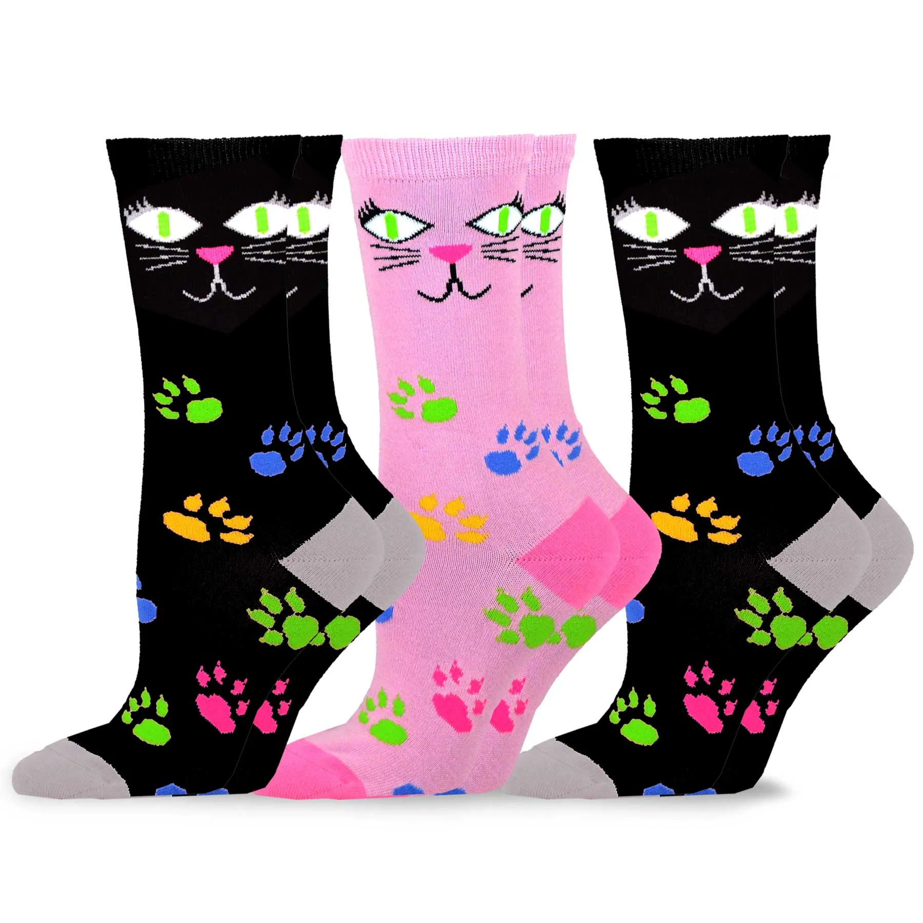 TeeHee Socks Women's Novelty Cotton Crew Cat Face 3-Pack (11131)