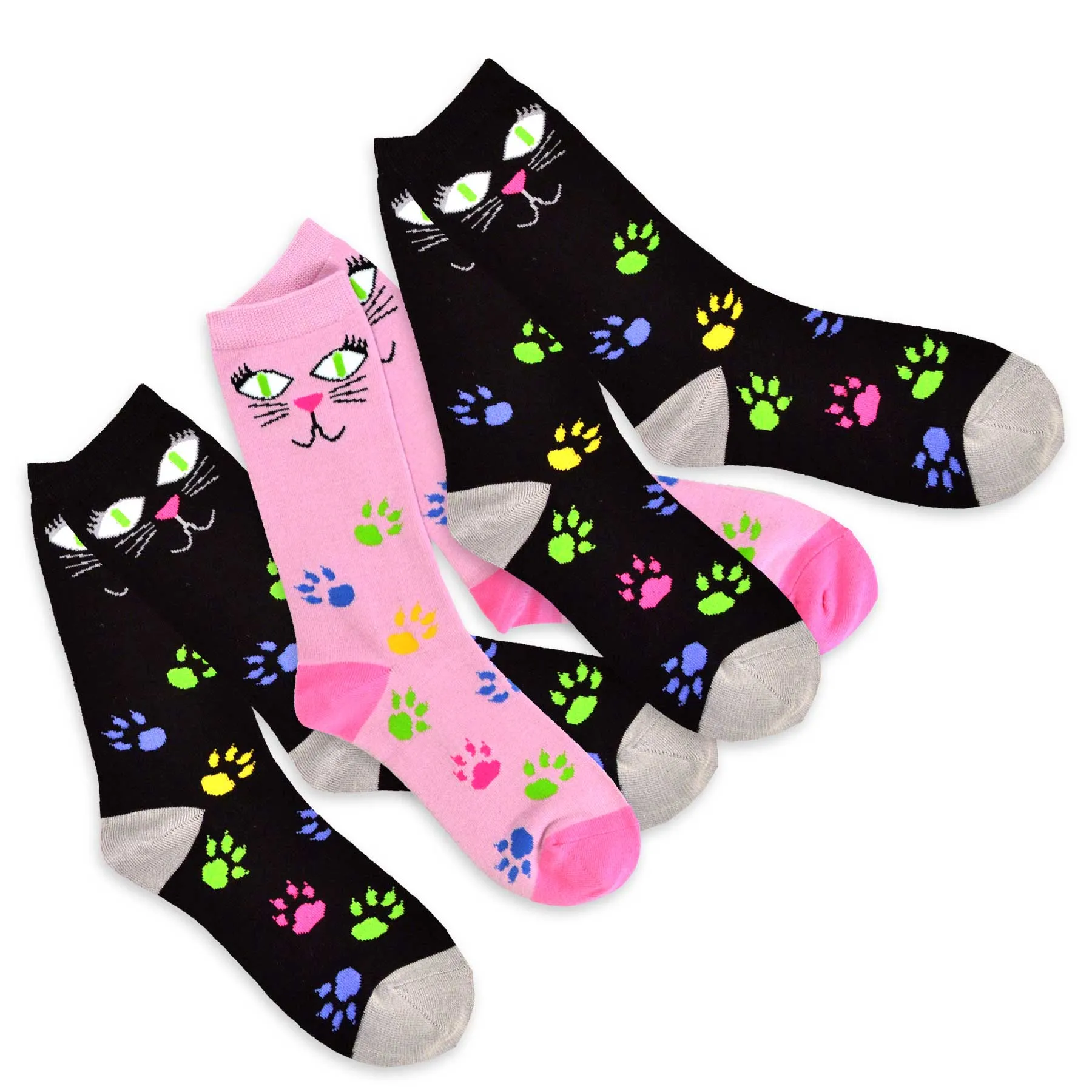 TeeHee Socks Women's Novelty Cotton Crew Cat Face 3-Pack (11131)