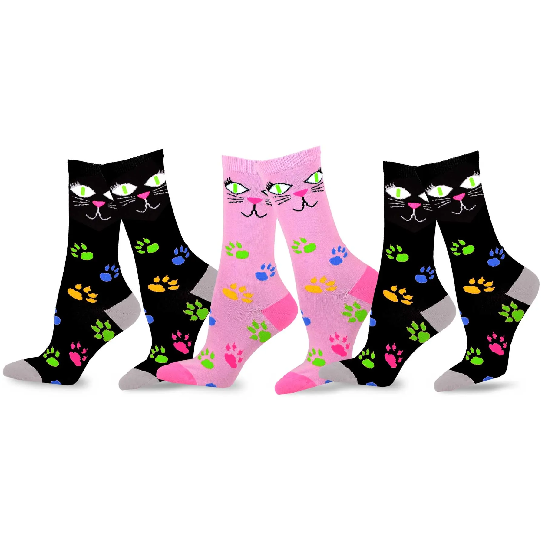 TeeHee Socks Women's Novelty Cotton Crew Cat Face 3-Pack (11131)