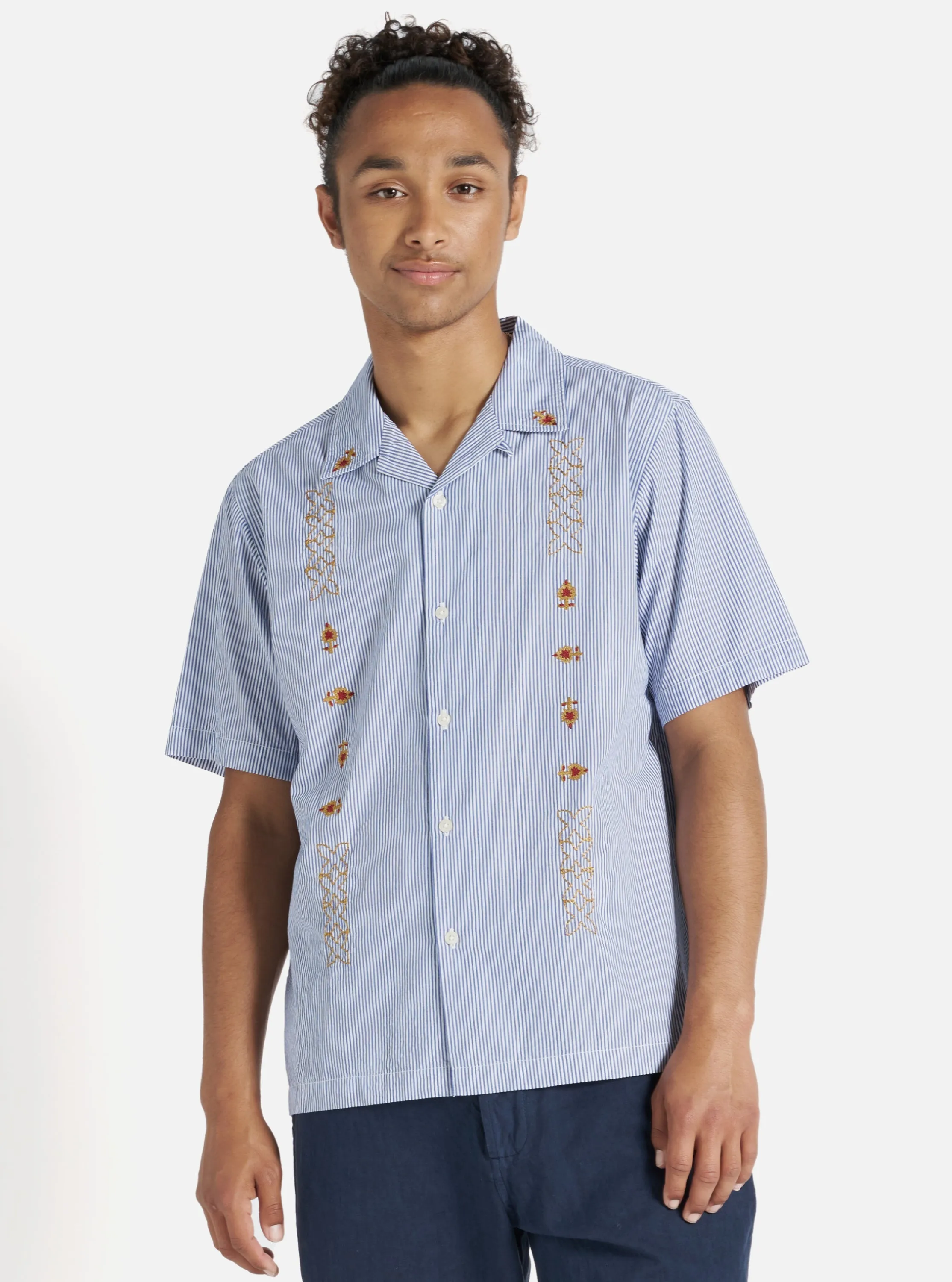 Universal Works Road Shirt in Blue Embroidered Classic Stripe